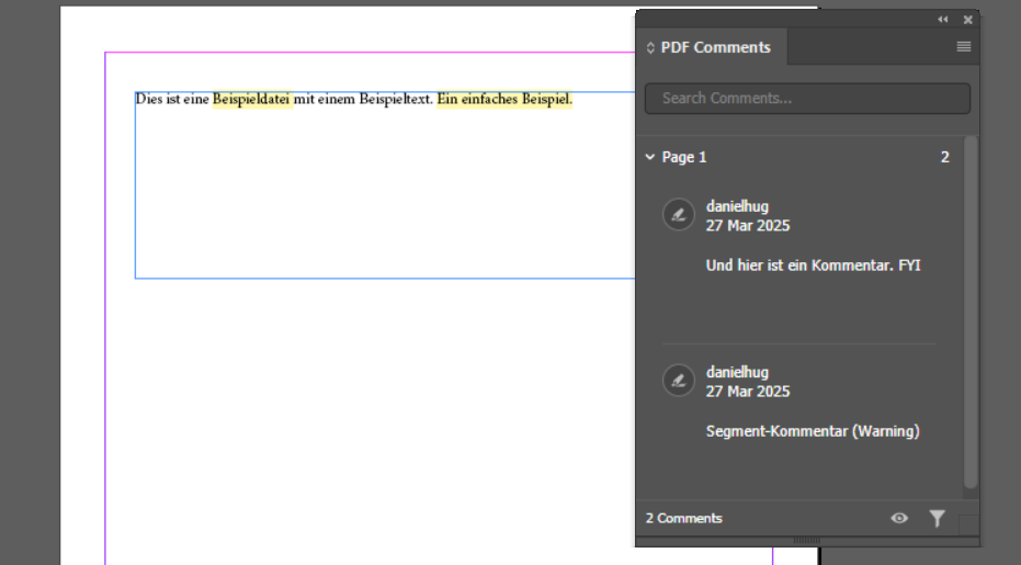 Screenshot of a PDF document in Trados Studio with a comment panel on the right. The document contains German text 'Dies ist eine Beispieldatei mit einem Beispieltext. Ein einfaches Beispiel.' and the comment panel lists comments by 'danielhug' dated 27 Mar 2025, including a warning 'Segment-Kommentar (Warning)'.