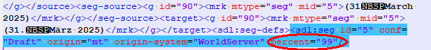 Snippet of an sdlxliff file code highlighting a segment with attributes including origin 'mt', origin-system 'WorldServer', and percent '99'.