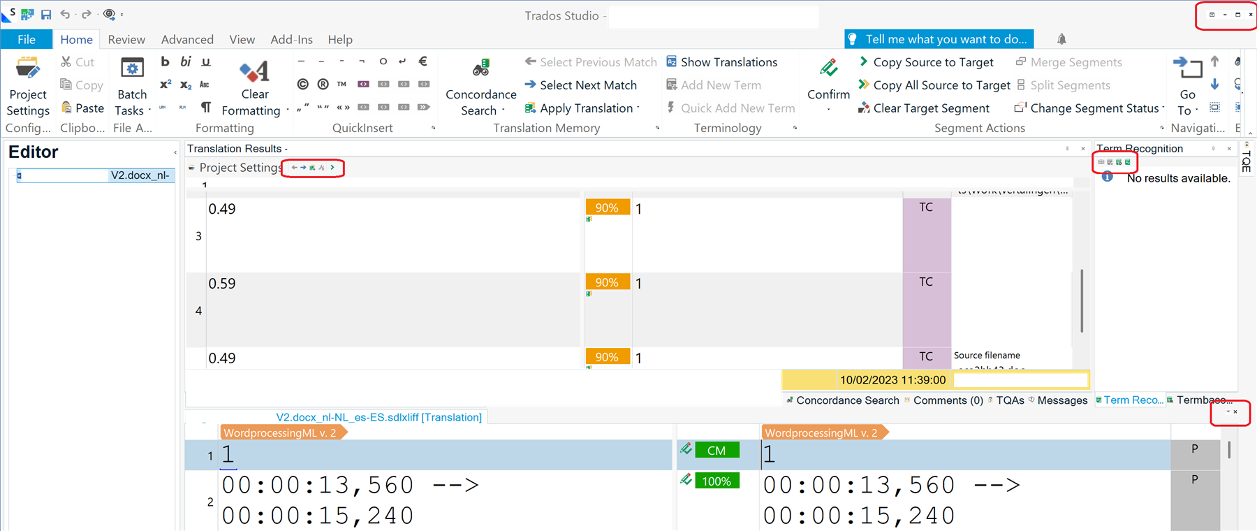 Screenshot of Trados Studio interface showing small icons and text in the menu bar, project settings, and term recognition pane, indicating a scaling issue on a 4K screen.