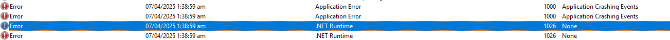 Screenshot of an event viewer with three error entries. All errors occurred on 07042025 at 1:38:59 am. Two errors are labeled as 'Application Error' and one as '.NET Runtime'. Event IDs are 1000 and 1026.