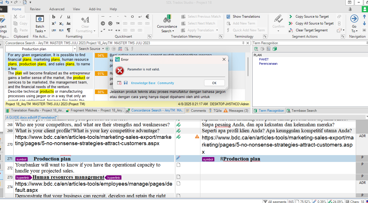 Screenshot of Trados Studio software with an error dialog box stating 'Parameter is not valid.' The software interface shows a translation project with highlighted text and various editing tools.