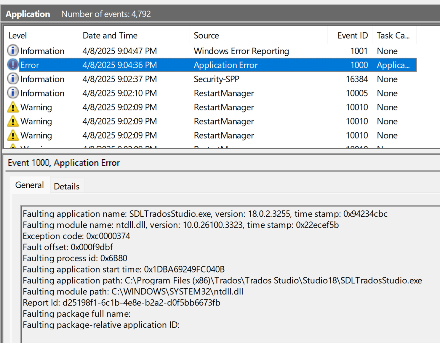 Screenshot of Windows Event Viewer showing an Application Error with Event ID 1000 for SDLTradosStudio.exe. Error details include faulting module ntdll.dll and exception code 0xc0000374.