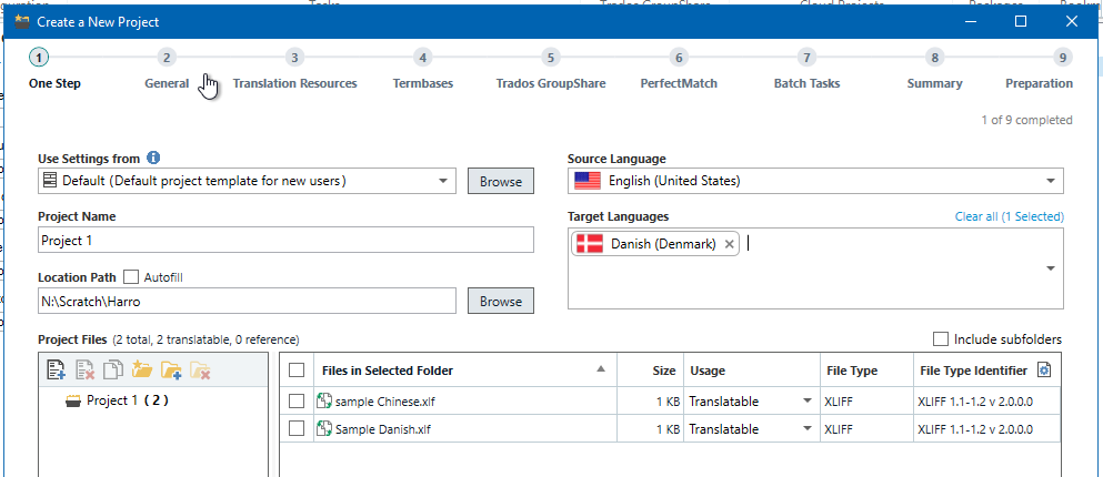 Trados Studio Create a New Project window showing Project Name 'Project 1', Source Language 'English (United States)', and Target Language 'Danish (Denmark)' with two files: 'sample Chinese.xliff' and 'Sample Danish.xliff'.