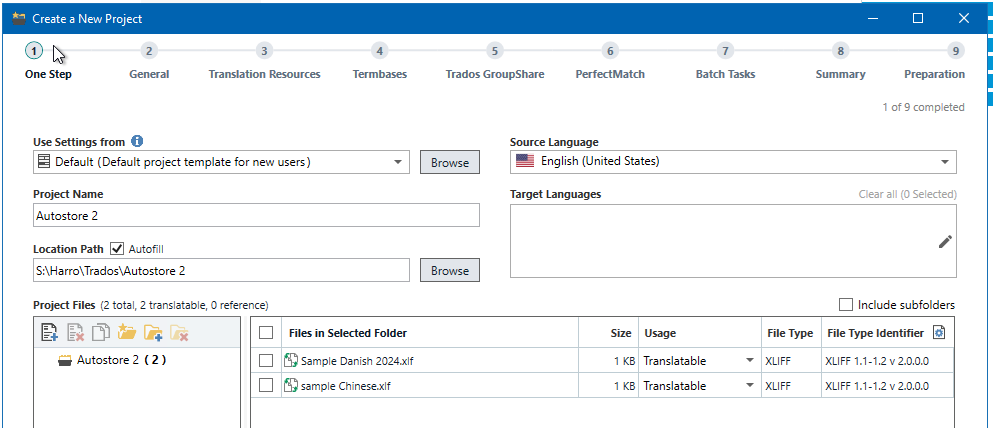 Trados Studio Create a New Project window with Project Name 'Autostore 2', Source Language 'English (United States)', and no Target Language selected. Files 'Sample Danish 2024.xliff' and 'sample Chinese.xliff' are listed.