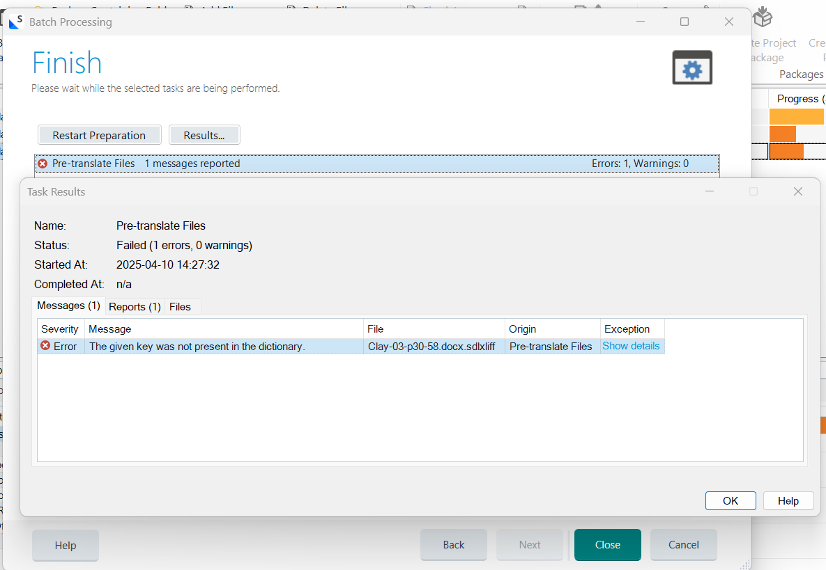 Trados Studio error message dialog showing 'Pre-translate Files' task failed with 1 error reported. Error message reads 'The given key was not present in the dictionary.'