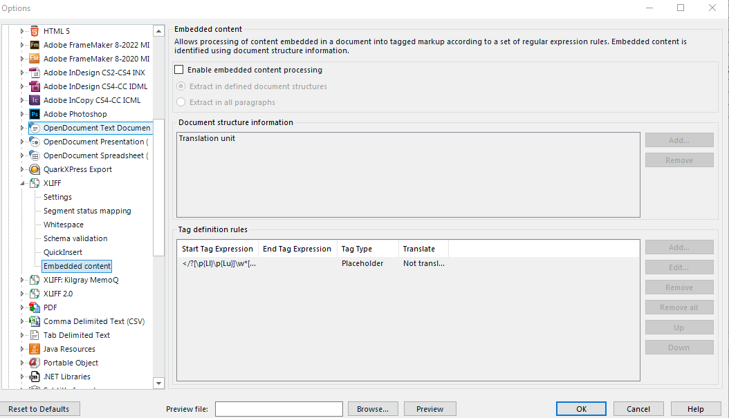 Screenshot of Trados Studio Options dialog showing Embedded Content settings with 'Enable embedded content processing' option greyed out and unselected.