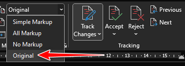 Screenshot showing a section of the Trados Studio software with a focus on the 'Track Changes' feature in Word. An arrow points to the 'Original' viewing option.