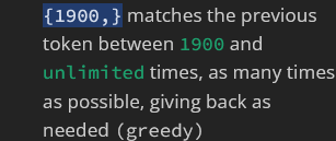Screenshot showing a regex pattern highlighted with the numbers 1900 followed by a comma and a curly brace, indicating a greedy match for 1900 or more characters.