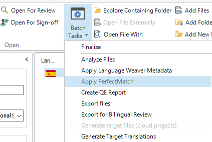Screenshot of Trados Studio software showing a dropdown menu with options such as Apply PerfectMatch, Create QE Report, and Generate Target Translations.