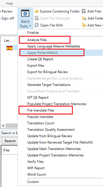 Screenshot of Trados Studio software showing a dropdown menu with options such as Apply Language Weaver Metadata, Apply PerfectMatch, and Pre-translate Files highlighted.