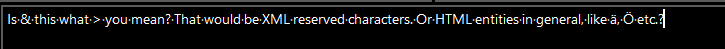 Dark-themed text editor displaying a question about XML reserved characters and HTML entities with examples.