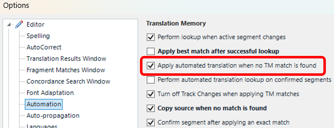 Screenshot of Trados Studio Options menu highlighting the 'Apply automated translation when no TM match is found' checkbox under the Automation section.