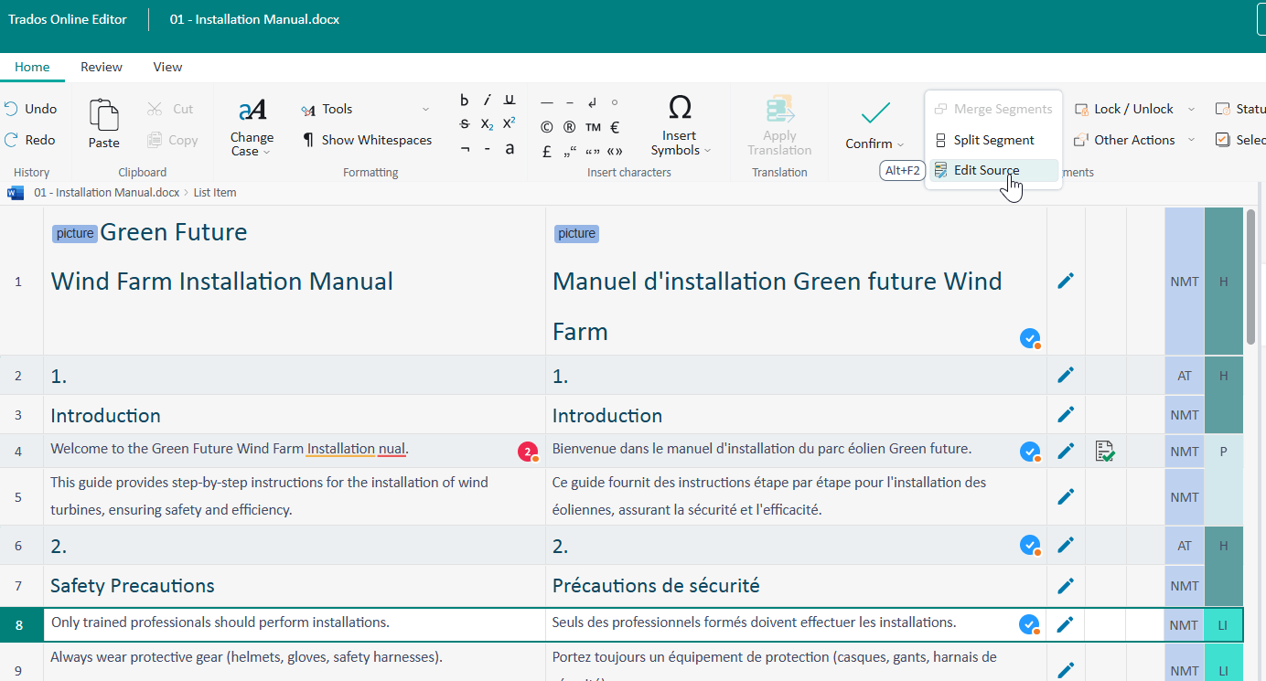 Screenshot of Trados Online Editor showing the '01 - Installation Manual.docx' with a highlighted 'Edit Source' button in the 'Other Actions' menu. The document contains bilingual text for a Wind Farm Installation Manual with visible segment status indicators.
