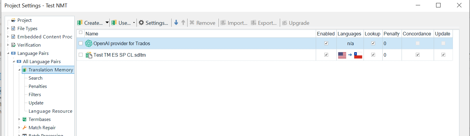 Trados Studio Project Settings showing Translation Memory providers with 'OpenAI provider for Trados' and 'Test TM ES SP CL.sdltml' listed.