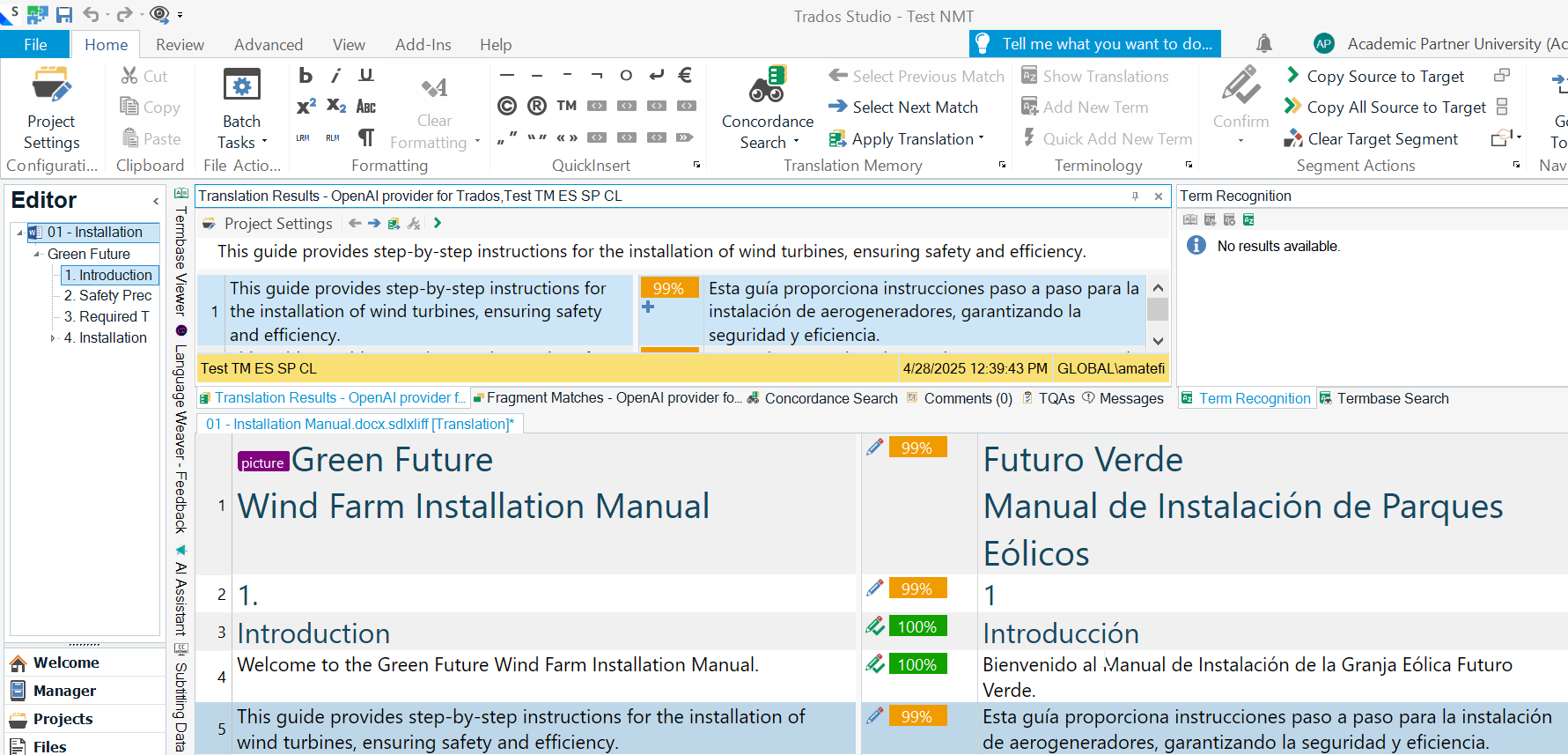 Trados Studio Editor window with Translation Results pane showing a 99% match for a segment in English and Spanish.