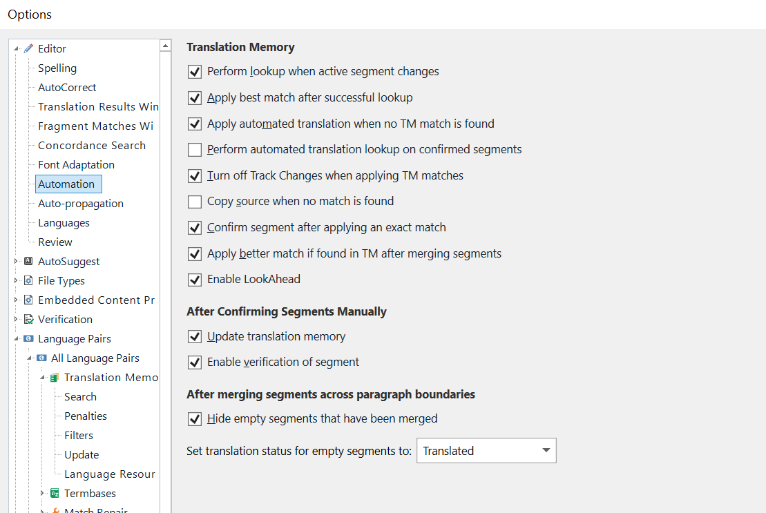 Trados Studio Options menu under Automation settings with various Translation Memory options checked.