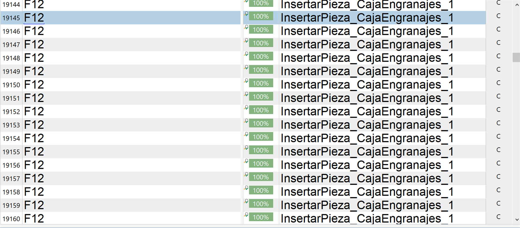 Screenshot showing a list of items with IDs like F12 repeated multiple times, all with a status of 100% and labeled InsertarPieza_CajaEngranajes_1.
