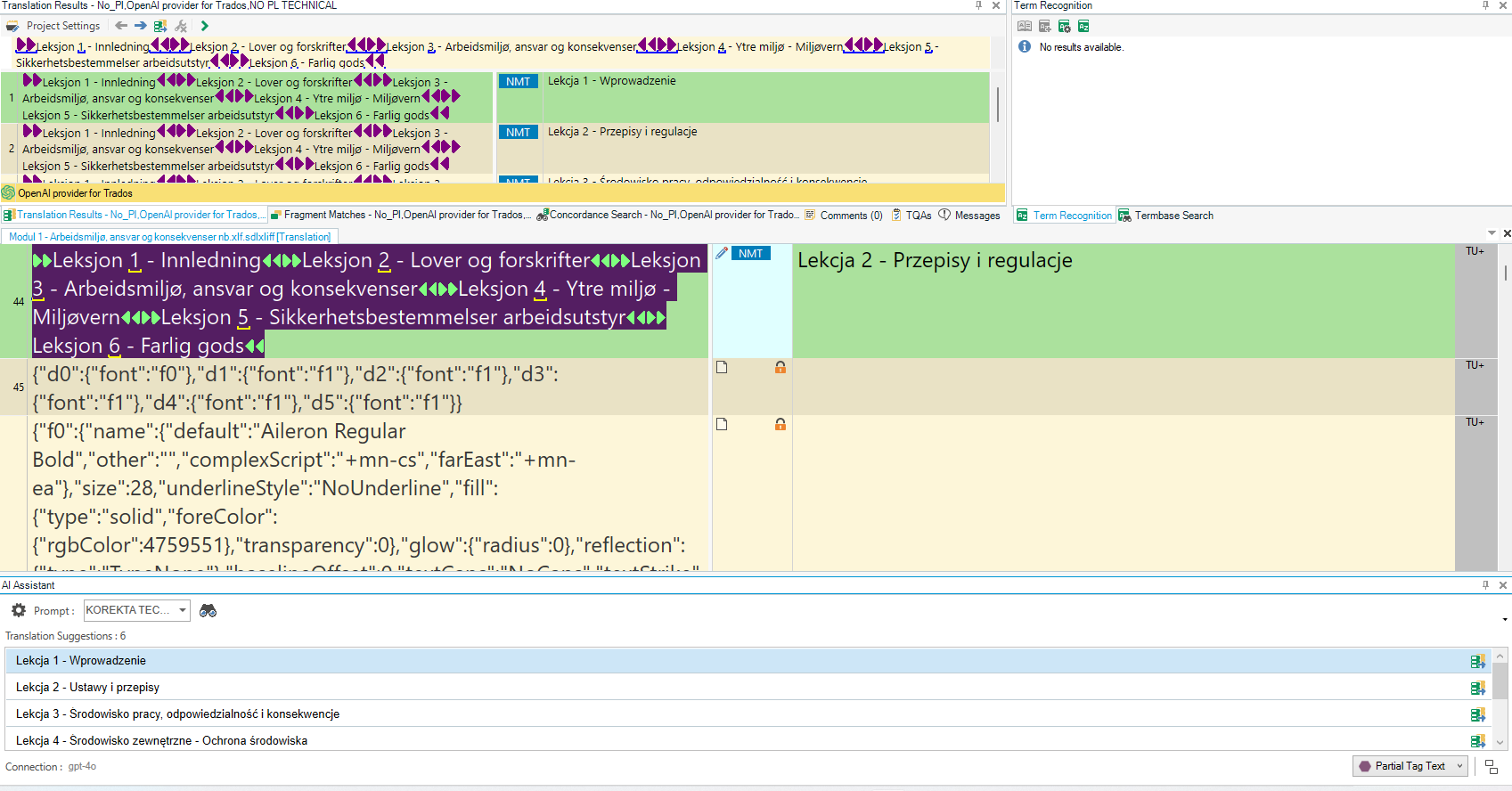Screenshot of Trados Studio interface with translation suggestions for lessons, showing Norwegian source text and Polish translations, along with formatting tags and segment locks.