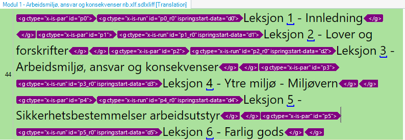 Screenshot showing a list of lessons in Trados Studio with tags and formatting, including 'Leksjon 1 - Innledning' to 'Leksjon 6 - Farlig gods' in Norwegian.