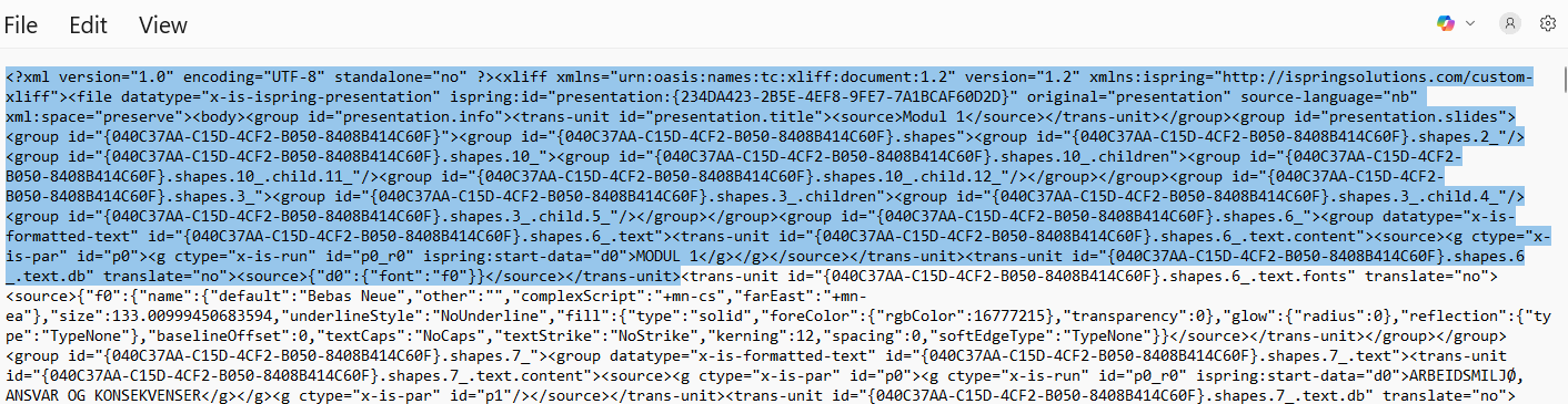 Screenshot of an XML file opened in a text editor, showing code related to an XLIFF document with tags and attributes for a presentation module.