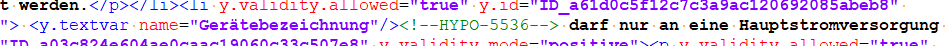 Screenshot showing XML code with a comment 'HYPO-5536' that removes the leading tag 'y.textvar.name=Geraetebezeichnung'.