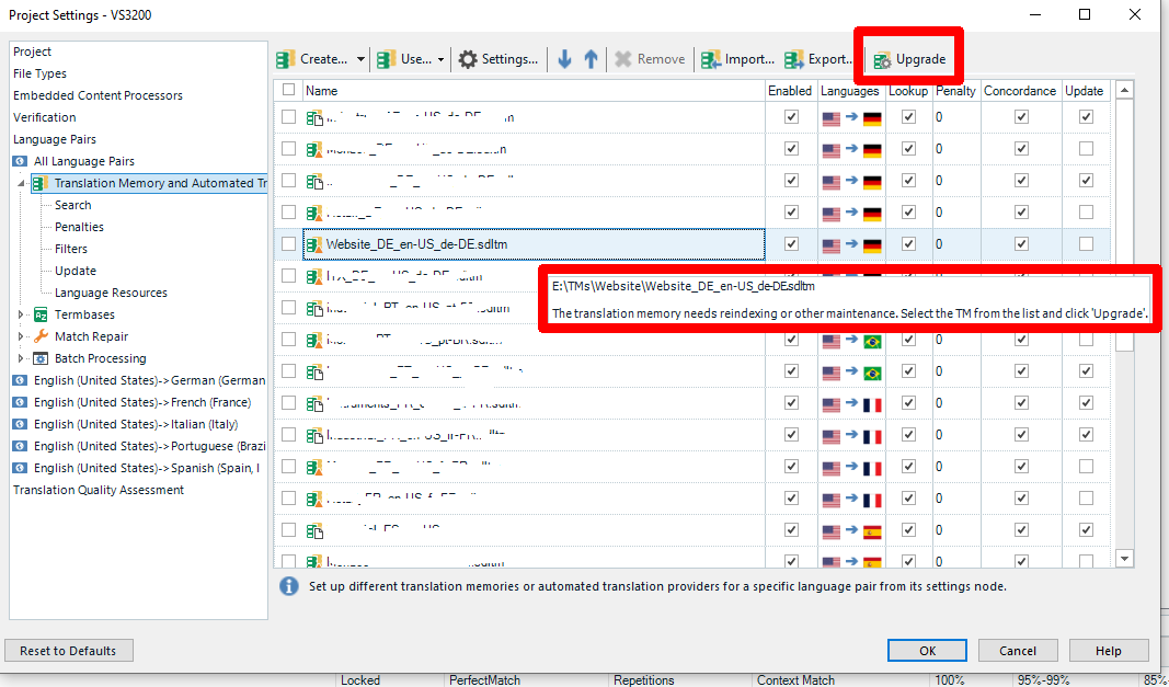 Trados Studio Project Settings window showing Translation Memory and Automated Translation options. A TM file is highlighted with a message stating it needs reindexing or maintenance.