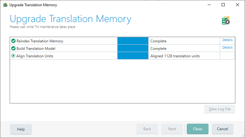 Upgrade Translation Memory window displaying progress for reindexing, building, and aligning translation memory. All tasks are marked as complete with details available.