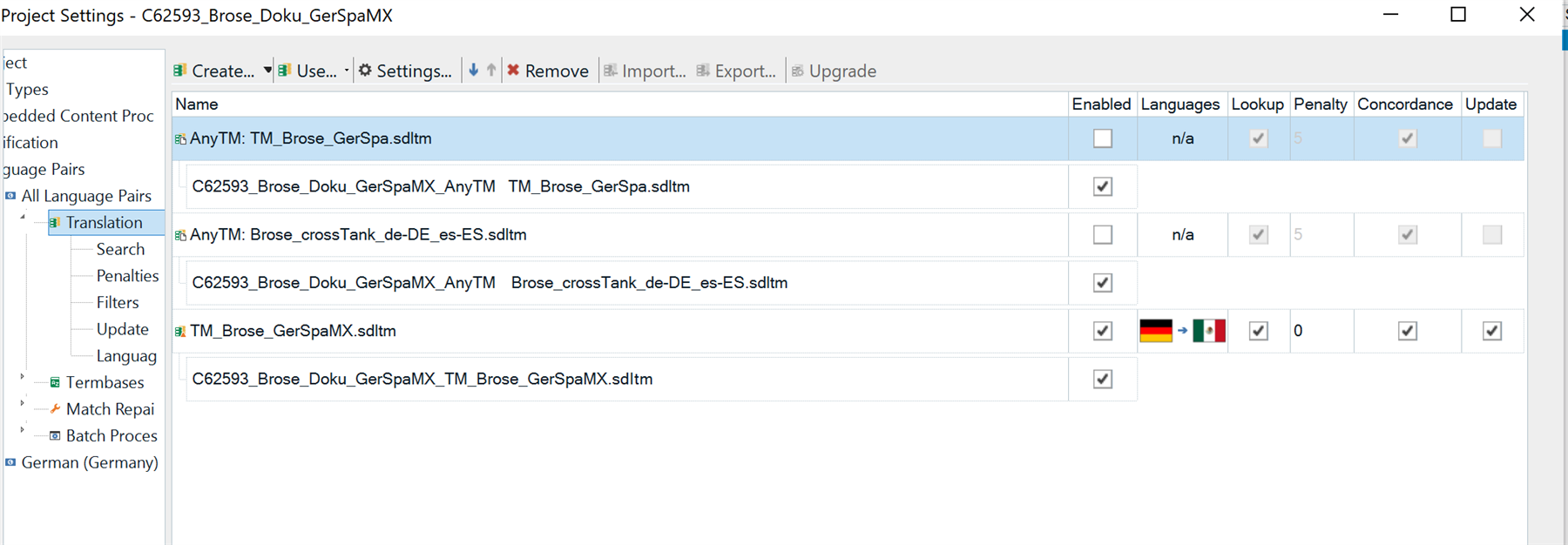 Project settings window showing a list of translation memories, their names, enabled status, languages, and other options.