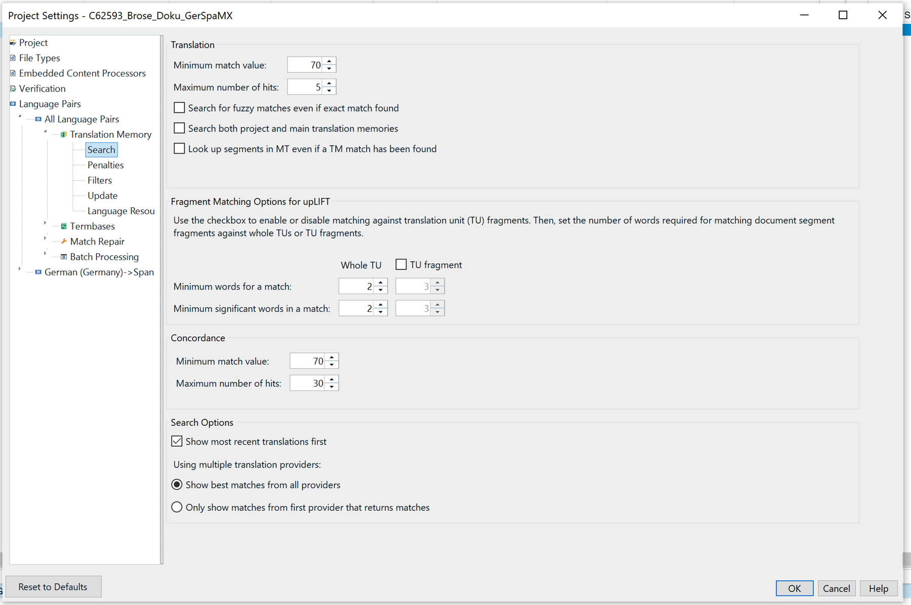 Project settings window displaying translation memory search options, including minimum match value, maximum number of hits, and fragment matching options.