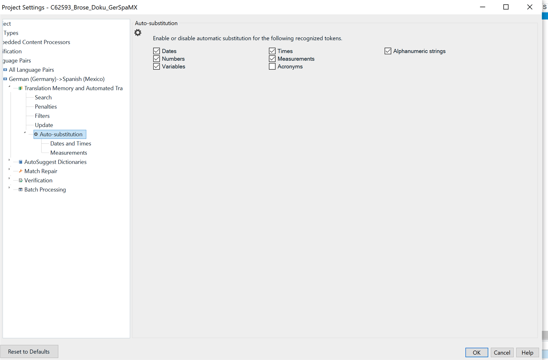 Project settings window showing auto-substitution options for dates, numbers, times, variables, and alphanumeric strings.