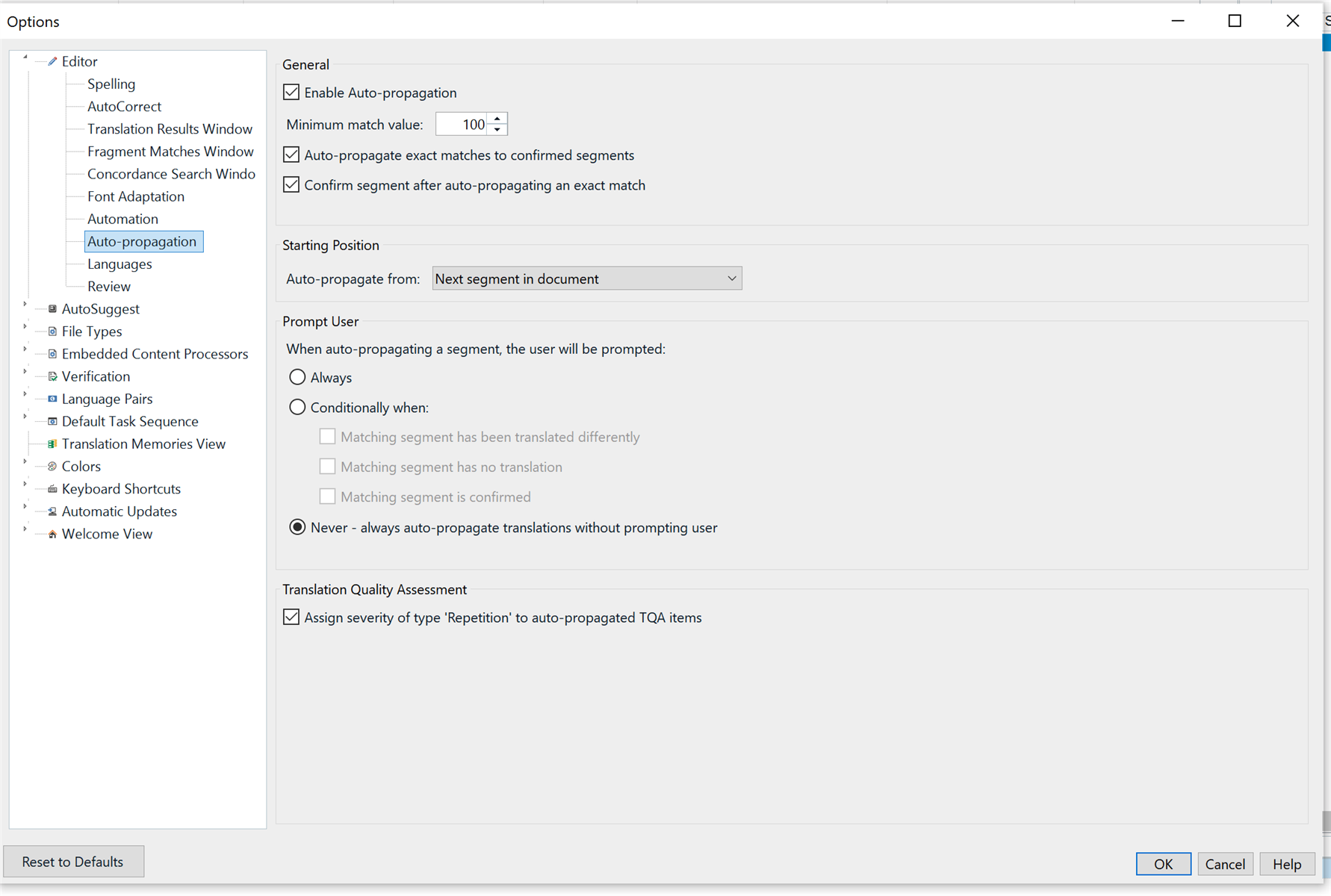 Options window for auto-propagation settings, including minimum match value, prompt user conditions, and translation quality assessment settings.