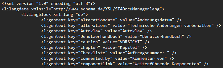 XML code snippet showing langdata with various gentext keys and values in German, such as 'alterationdate' and 'caution'.