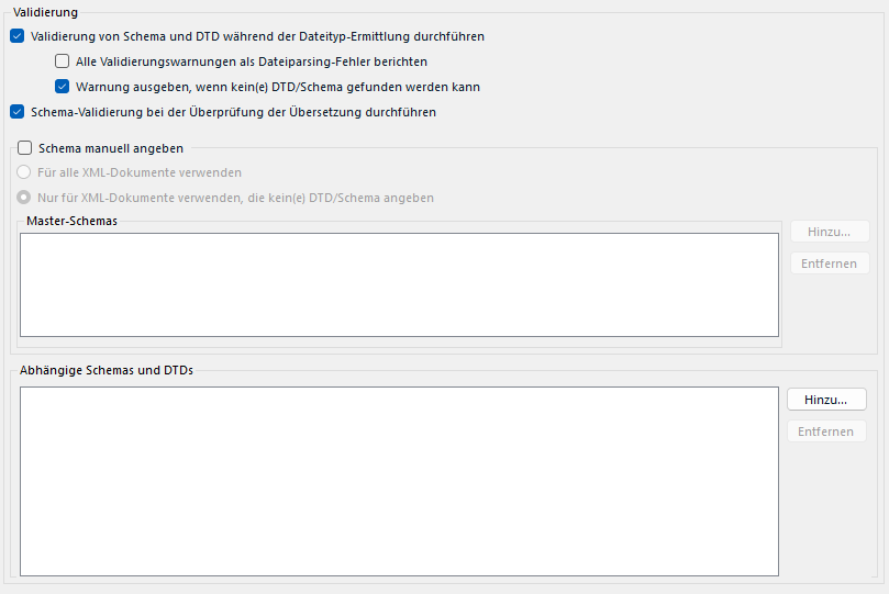 Validation settings window with options for schema and DTD validation, warnings for missing DTDschema, and fields for master schemas and dependent schemas.