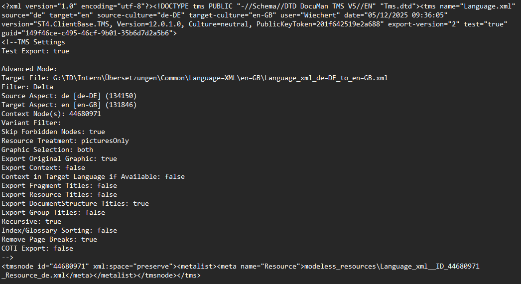 XML file content showing TMS settings, including target file path, source and target aspects, and export options.