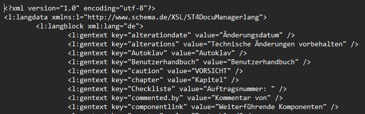 XML snippet with langdata and langblock elements, showing key-value pairs in German, such as 'Autoklav' and 'Kapitel'.