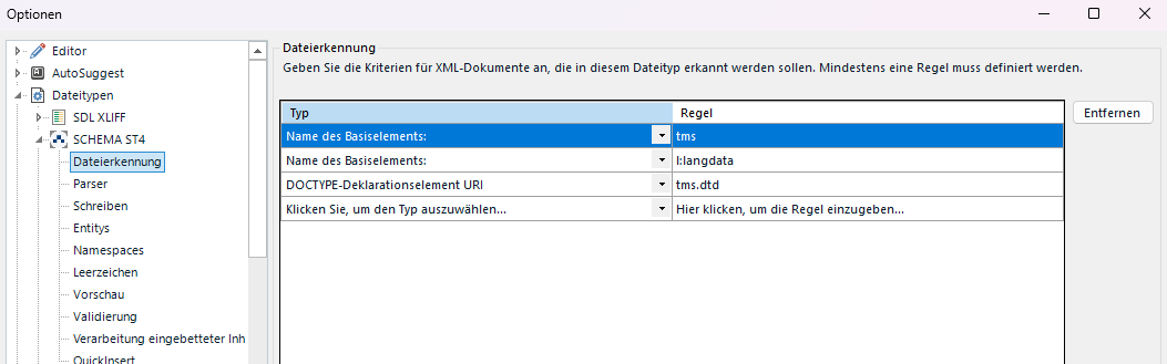 Trados Studio options window under 'File recognition', showing rules for XML document recognition with elements like 'tms' and 'tms.dtd'.