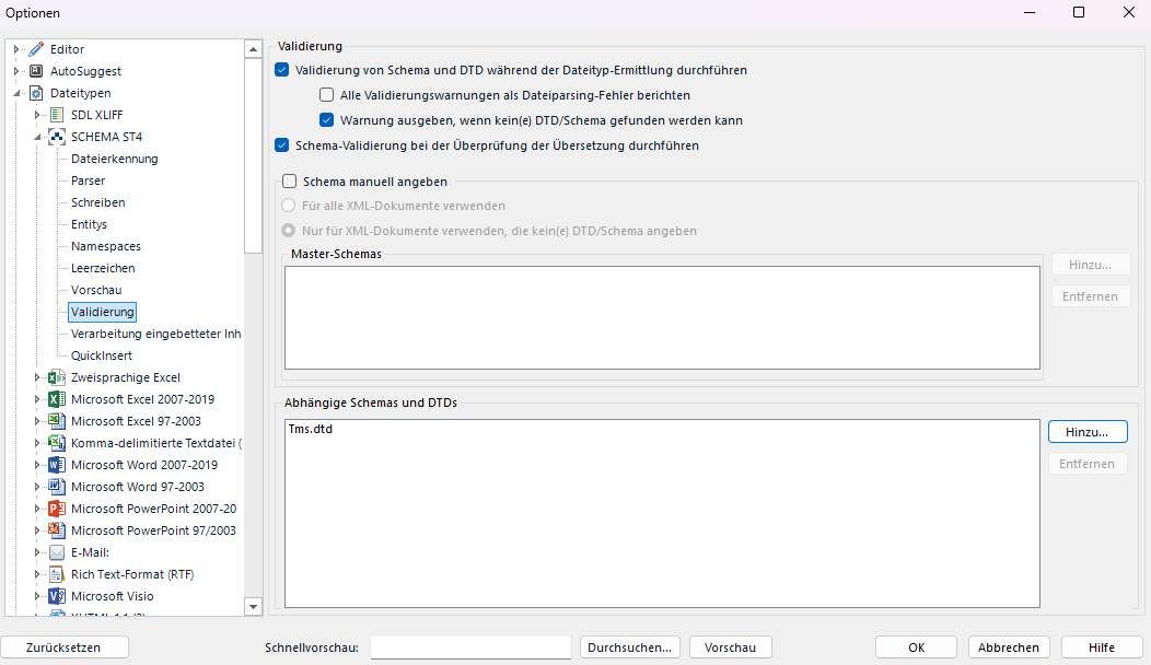 Trados Studio options window showing validation settings for schema and DTD with warnings enabled and a dependent schema file named Tms.dtd listed.