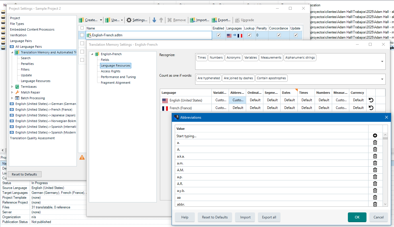 Trados Studio Project Settings window showing Translation Memory and Automated Translation options, with English-French TM settings and Abbreviations dialog open.