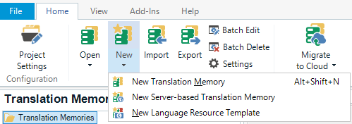 Trados Studio Translation Memories ribbon menu with options for New Translation Memory, New Server-based Translation Memory, and New Language Resource Template.