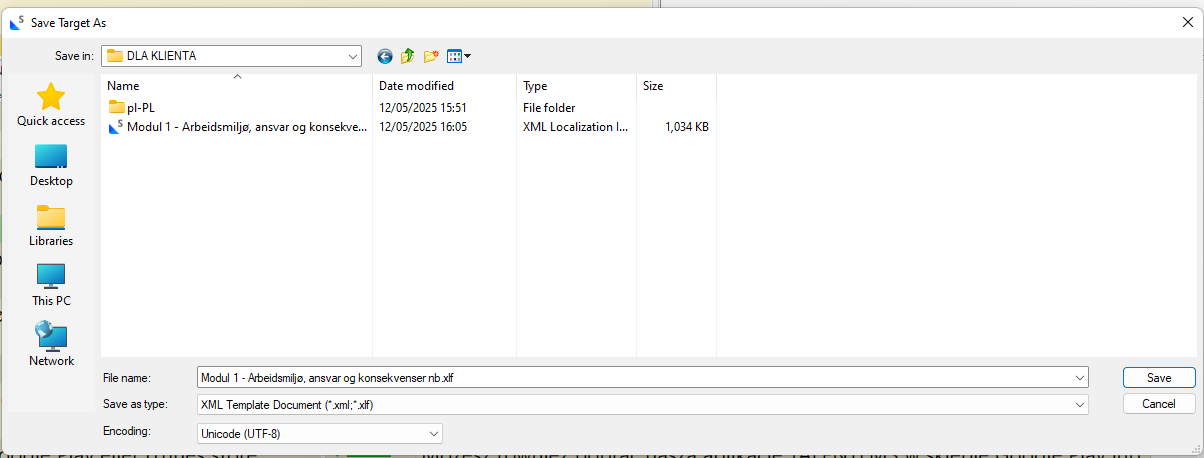 Save Target As dialog box showing a file named 'Modul 1 - Arbeidsmiljo, ansvar og konsekvenser nb.xlf' with Save as type set to 'XML Template Document (*.xml; *.xlf)' and Encoding set to 'Unicode (UTF-8)'.