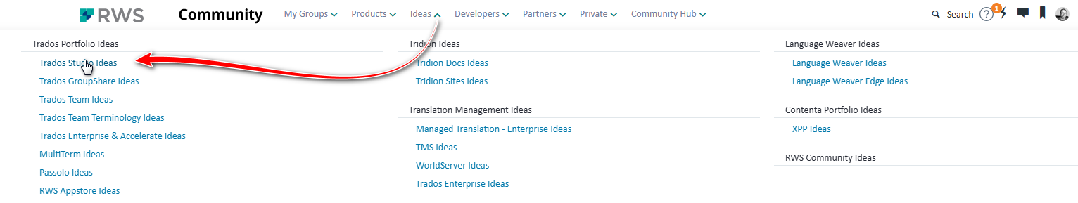 Screenshot of the RWS Community Ideas page with a red arrow pointing to 'Trados Studio Ideas' under the 'Trados Portfolio Ideas' section.