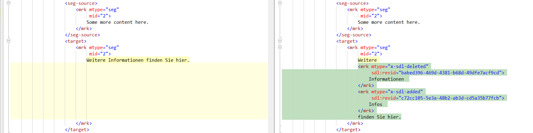 Screenshot showing a side-by-side comparison of XML content in Trados Studio. The left side has a yellow highlight, and the right side has green highlights indicating changes.