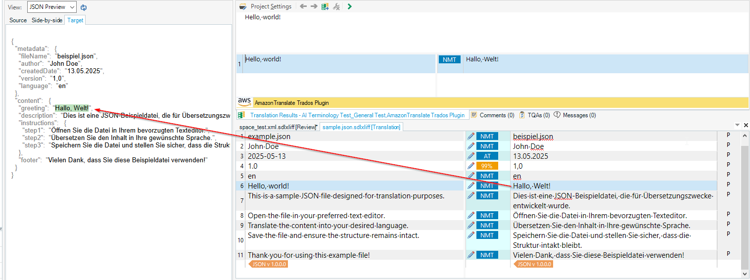 Screenshot of Trados Studio showing a JSON preview on the left and translation results on the right. The JSON file includes metadata and content, with 'Hallo, Welt!' highlighted.
