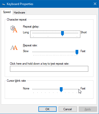 Keyboard Properties window showing settings for character repeat delay, repeat rate, and cursor blink rate with sliders and test input box.