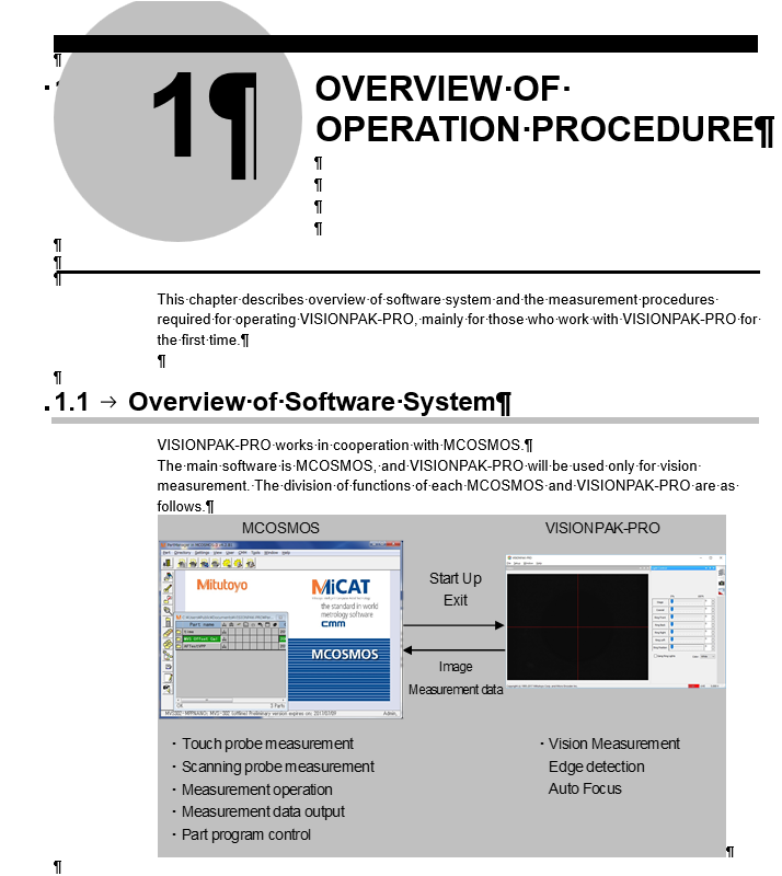Screenshot of a Word document showing the title 'Overview of Operation Procedure' and a section titled 'Overview of Software System' with a diagram comparing MCOSMOS and VISIONPAK-PRO.