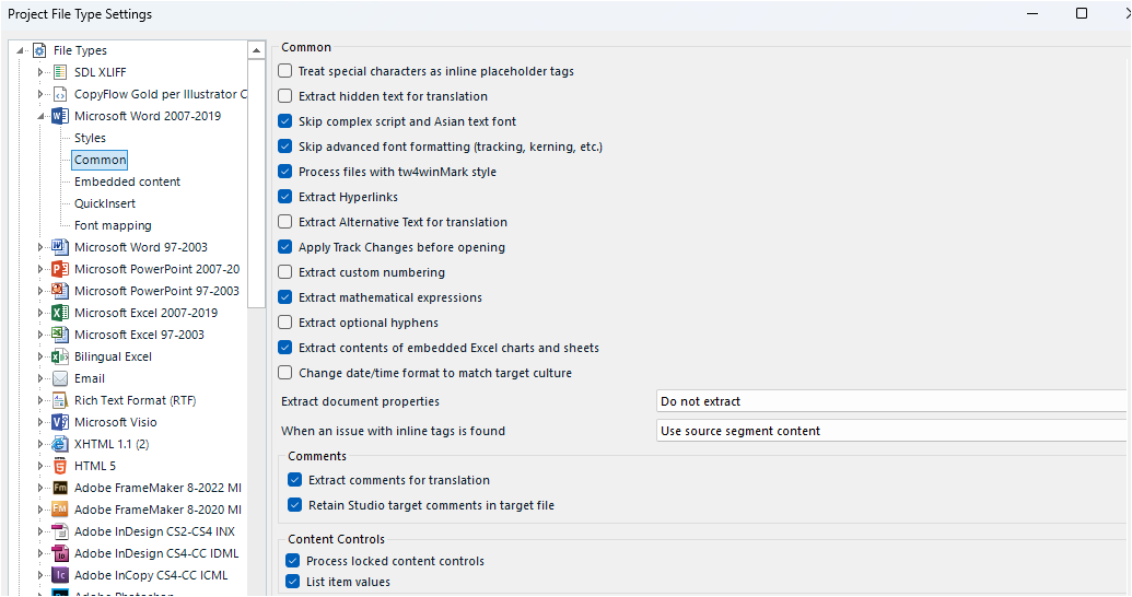 Screenshot of Trados Studio file type settings under 'Common' with options like 'Extract mathematical expressions' and 'Extract contents of embedded Excel charts and sheets' checked.