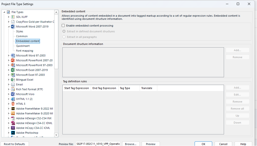 Screenshot of Trados Studio file type settings under 'Embedded content' with the option 'Enable embedded content processing' unchecked and no tag definition rules added.