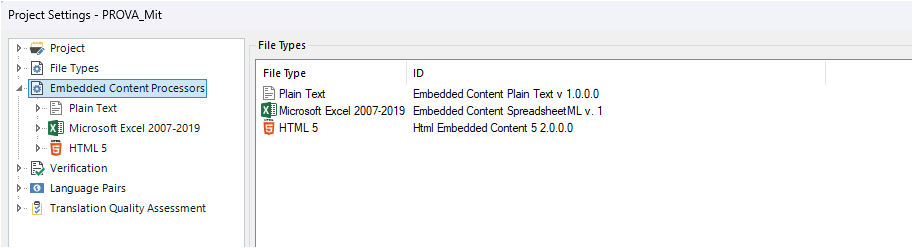 Trados Studio Project Settings window showing the Embedded Content Processors tab. Listed file types include Plain Text, Microsoft Excel 2007-2019, and HTML 5 with corresponding IDs.