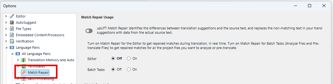 Trados Studio options window showing Match Repair settings under Language Pairs. Match Repair is highlighted in red, with options to turn it On or Off for Editor and Batch Tasks.