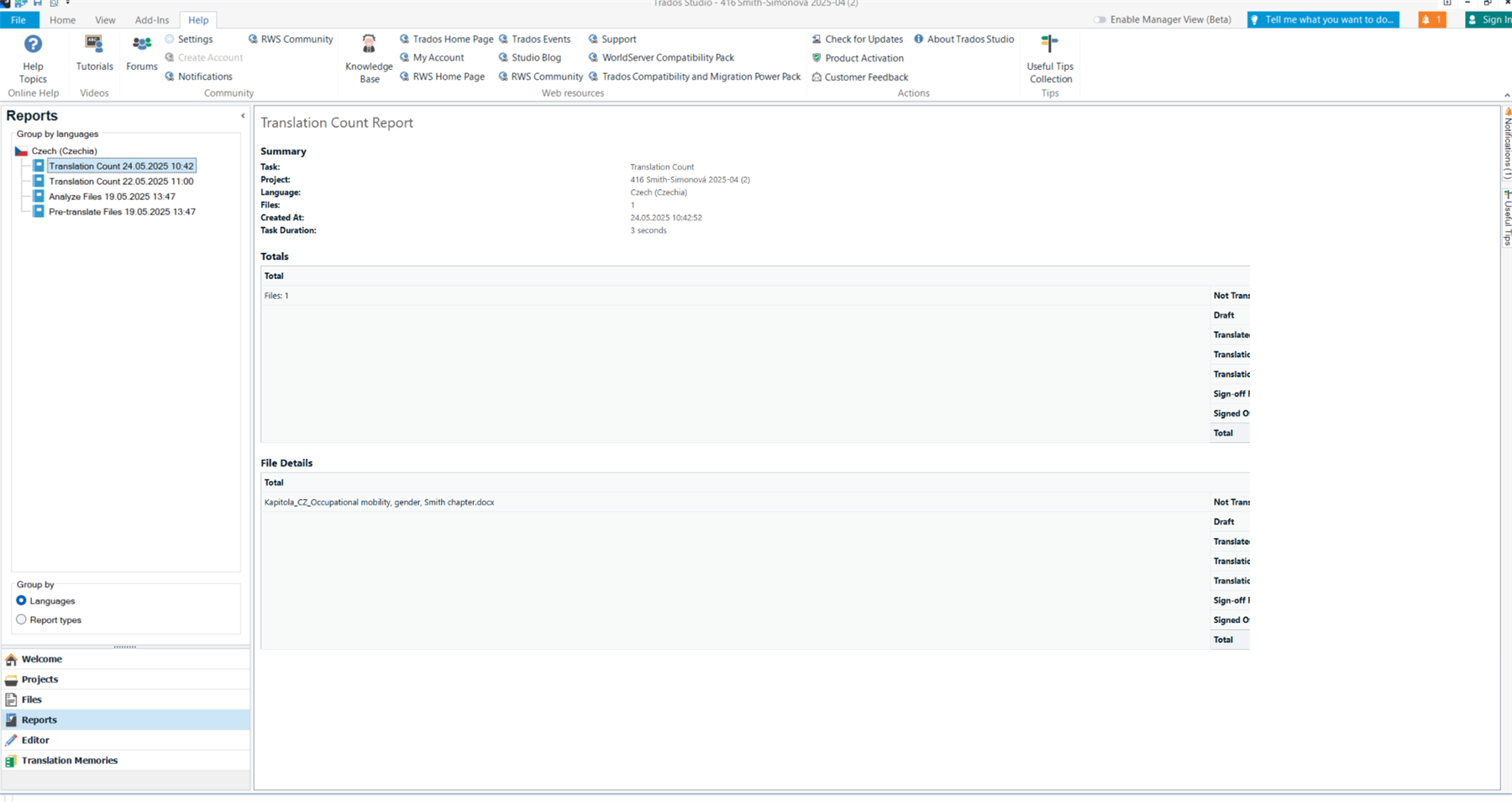 Screenshot of Trados Studio showing the Translation Count Report with a list of reports on the left and report details on the right. The report details are visible and include file information.